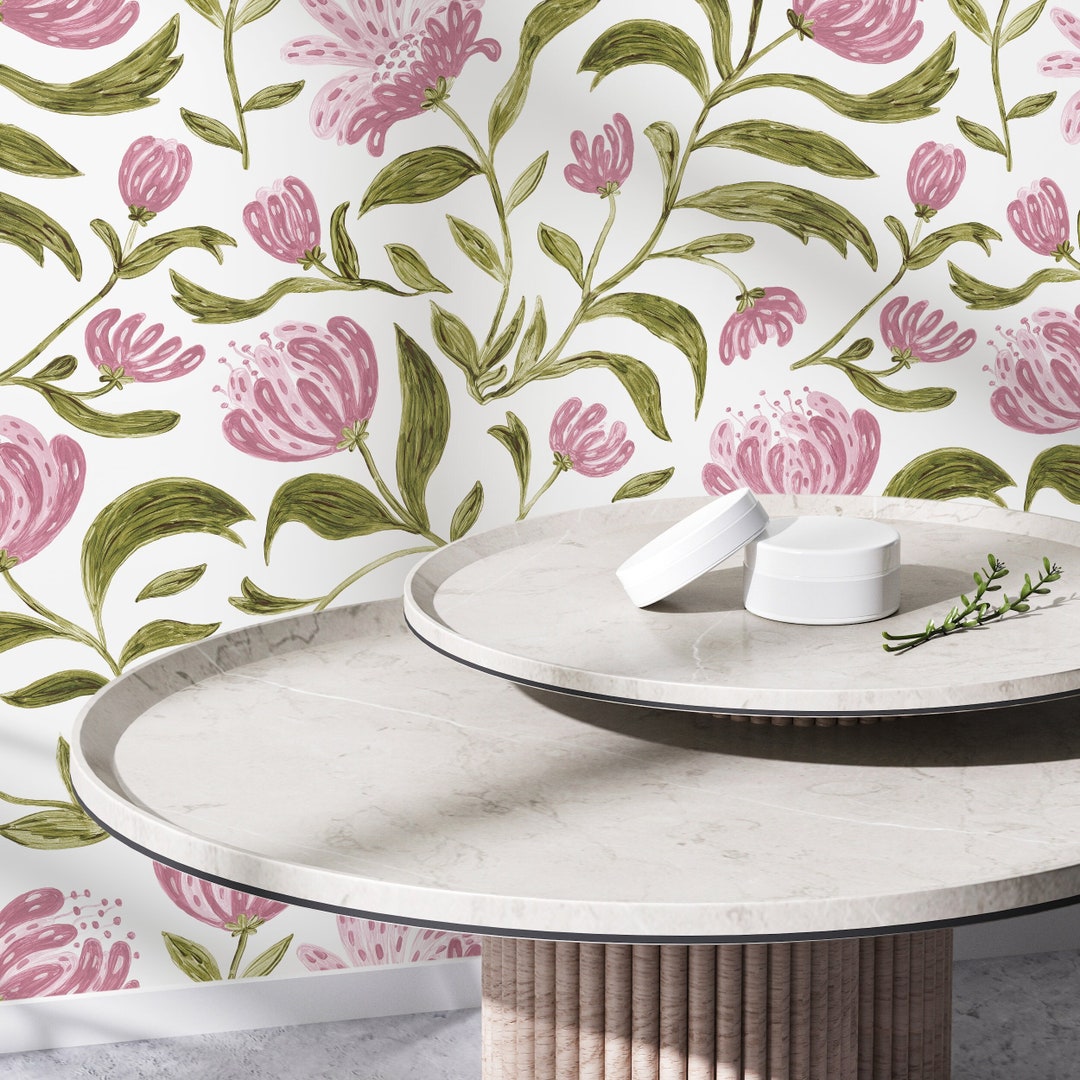Hand Painted Floral Wallpaper / Peel and Stick Wallpaper Etsy