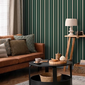 Dark Green Lines Wallpaper Striped Wallpaper Peel and Stick and Traditional Wallpaper - D769