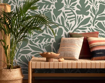 Sage Green Leaves Wallpaper Abstract Wallpaper Peel and Stick and Traditional Wallpaper - D697