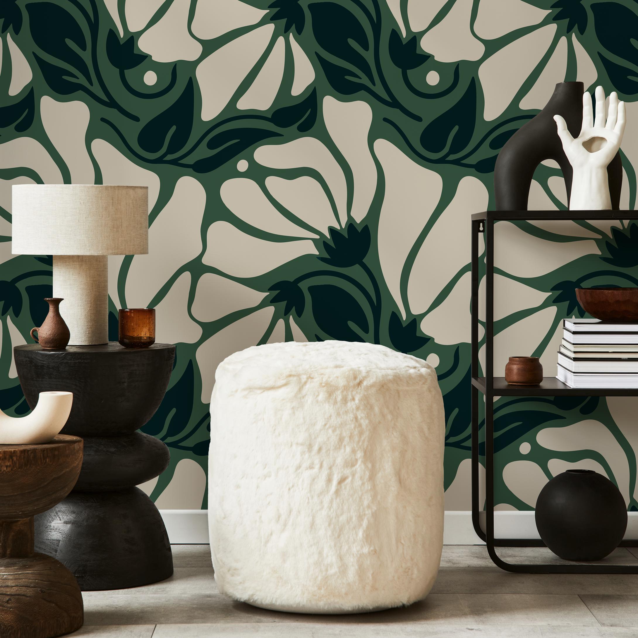 Botanical Wallpaper With Abstract Flowers in Green, Dark Green and ...