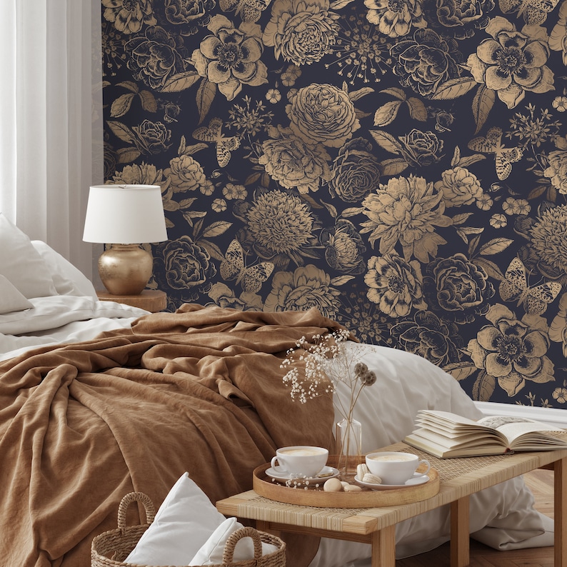 Removable Wallpaper Peel and Stick Wallpaper Wall Paper Wall Mural Vintage Flower Non-Metalic Gold Color A922 image 3
