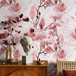 Contemporary Magnolia Blossom Wallpaper - Soft Pink & White - B047