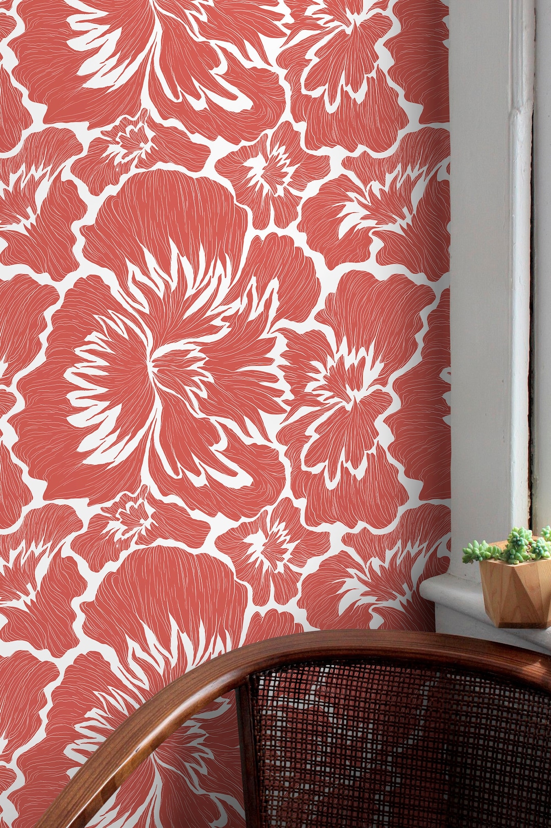 Coral Bold Floral Wallpaper / Peel and Stick Wallpaper Removable
