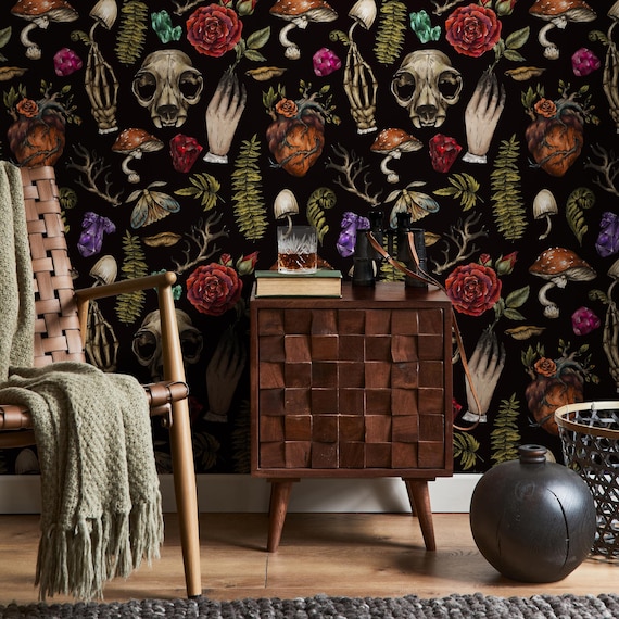 Whimsical Wallpaper Wallpaper Dark Botanical Wallpaper Peel and Stick and Traditional Wallpaper - D931