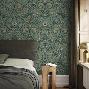 Damask Wallpaper with an Intricate Floral Motif in Green, Teal, and Beige - E524 image 3