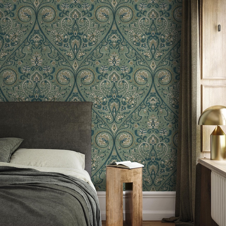 Damask Wallpaper with an Intricate Floral Motif in Green, Teal, and Beige - E524 image 3