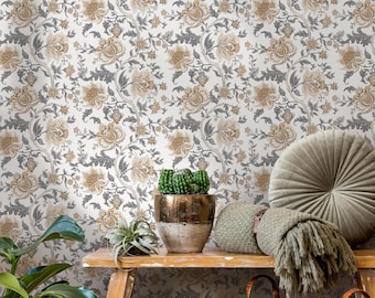 Neutral Vintage Floral Wallpaper / Peel and Stick Wallpaper Removable Wallpaper Home Decor Wall Art Wall Decor Room Decor - D130