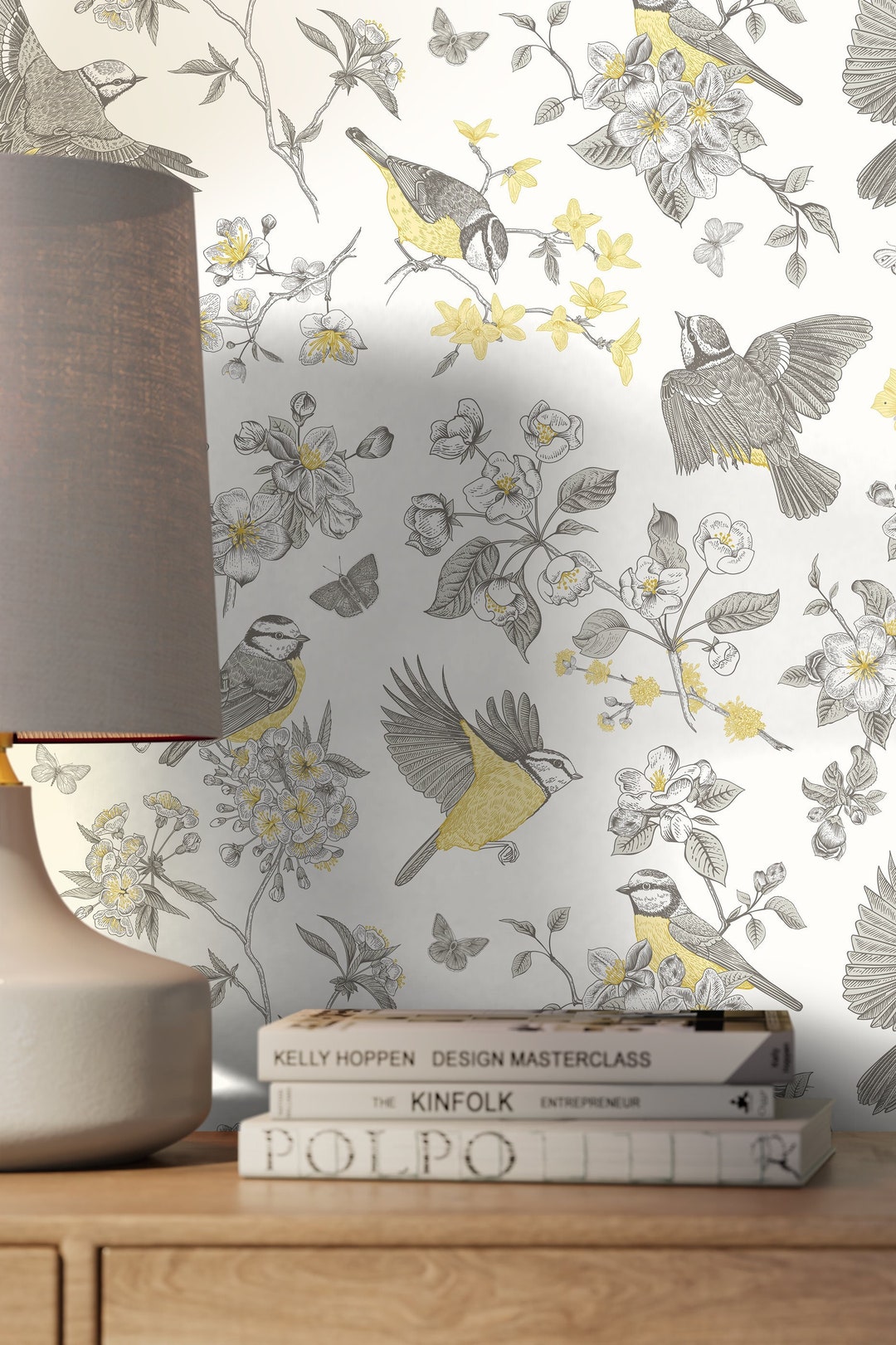 Vintage Floral Bird Wallpaper / Peel and Stick Wallpaper Removable
