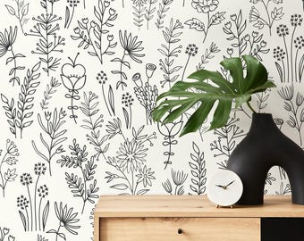 Botanical Wallpaper with Hand-Drawn Wildflowers in Black and White - D234