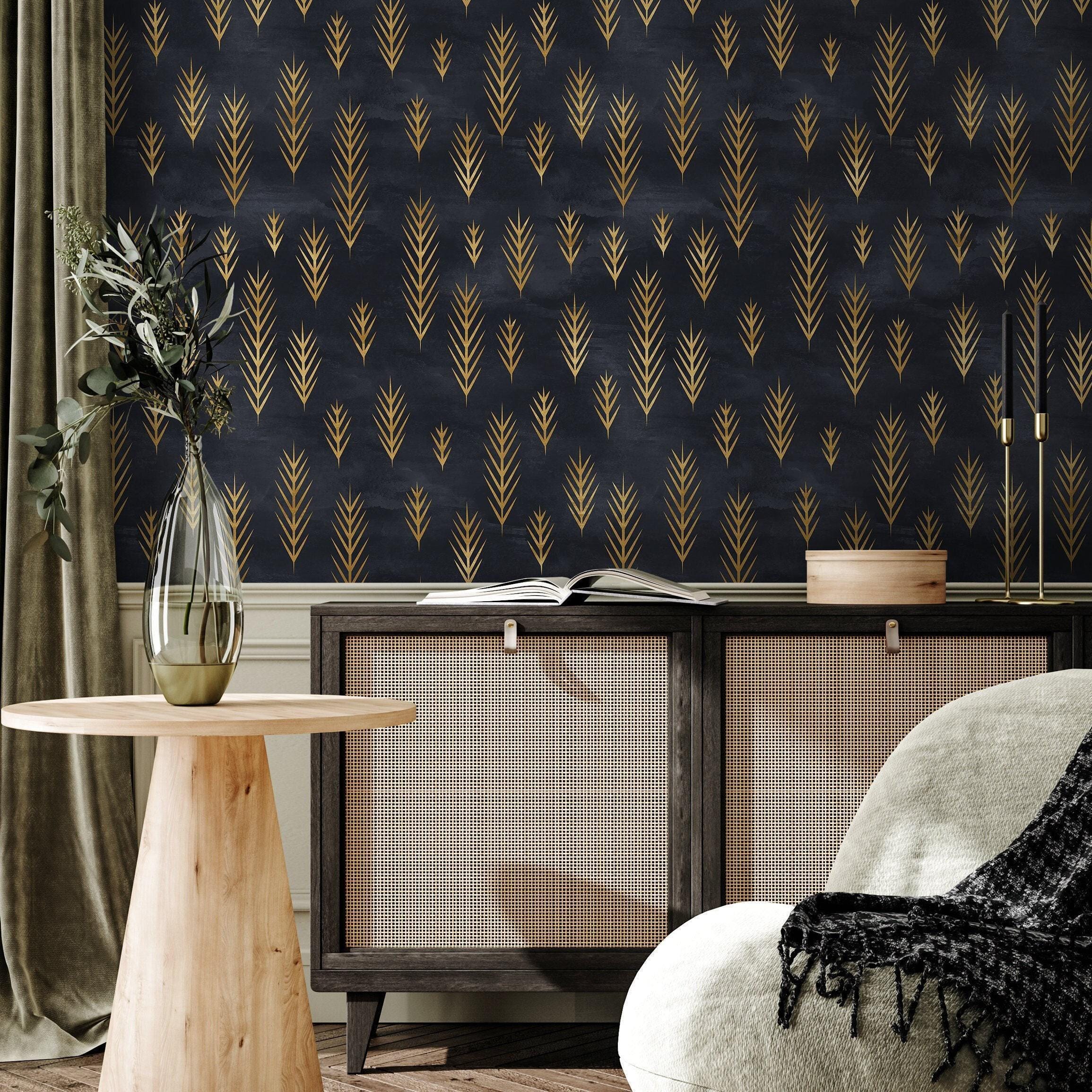 Art Deco Wallpaper With Geometric Feather Motifs in Navy and Gold ...