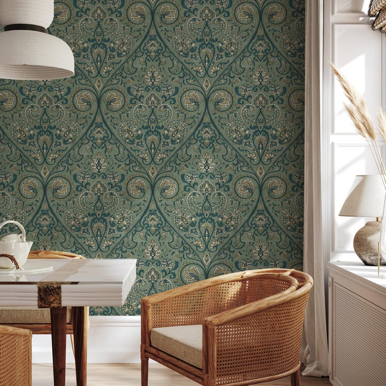 Damask Wallpaper with an Intricate Floral Motif in Green, Teal, and Beige - E524 image 2