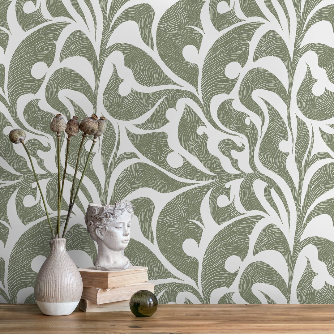 Green Vintage Wallpaper / Peel and Stick Wallpaper Removable Wallpaper ...