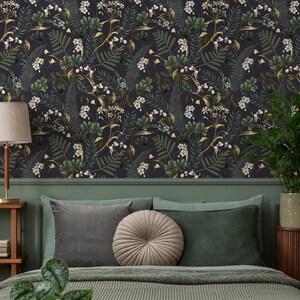 Dark Botanical Peel and Stick Wallpaper - Moody Woodland Ferns and Flowers, Dark Blue and Green - E573 image 3