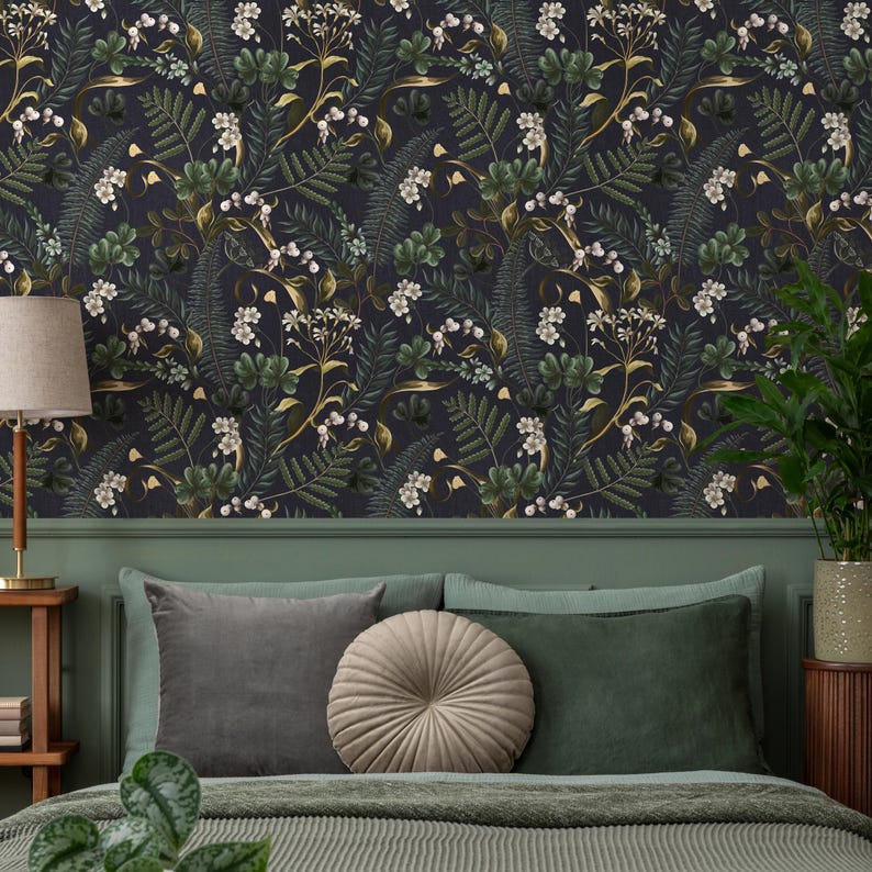 Dark Botanical Peel and Stick Wallpaper - Moody Woodland Ferns and Flowers, Dark Blue and Green - E573 image 3
