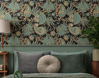 Green Victorian Vintage Wallpaper / Peel and Stick Wallpaper Removable Wallpaper Home Decor Wall Art Wall Decor Room Decor - D089