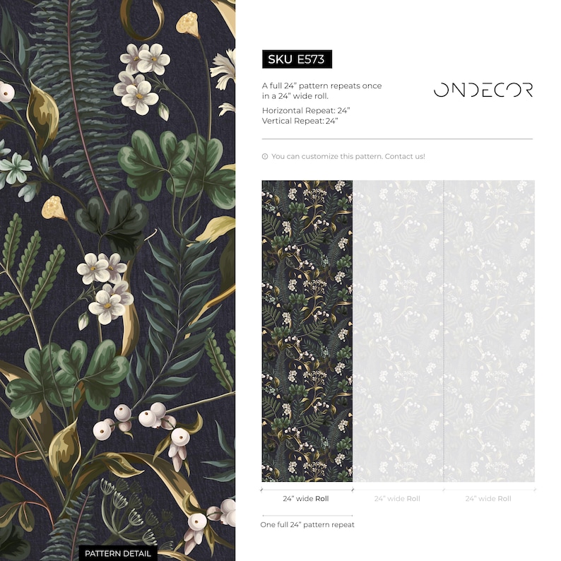 Dark Botanical Peel and Stick Wallpaper - Moody Woodland Ferns and Flowers, Dark Blue and Green - E573 image 6