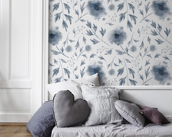 Florale Tapete mit Aquarell Motiv in Blau - X125