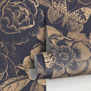 Removable Wallpaper Peel and Stick Wallpaper Wall Paper Wall Mural Vintage Flower Non-Metalic Gold Color A922 image 5