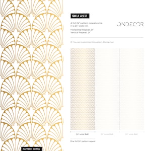 May include: A gold and white geometric pattern wallpaper with a repeating design of overlapping fan shapes. The pattern repeats every 61 cm. The wallpaper is shown in a 61 cm wide roll.