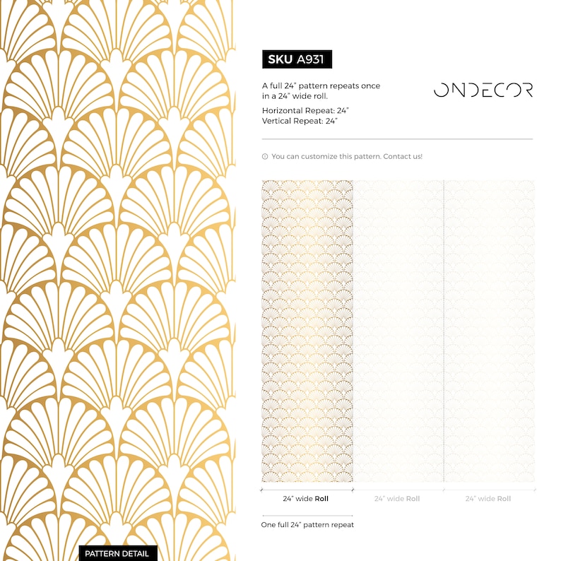 May include: A gold and white geometric pattern wallpaper with a repeating design of overlapping fan shapes. The pattern repeats every 61 cm. The wallpaper is shown in a 61 cm wide roll.