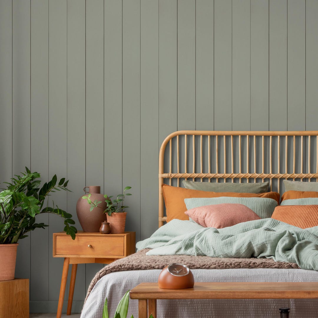 Wood Panel Wallpaper Featuring a Minimalist Shiplap Look in Sage Green ...