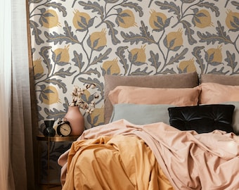 Vintage Yellow Floral Wallpaper / Peel and Stick Wallpaper Removable Wallpaper Home Decor Wall Art Wall Decor Room Decor - D019
