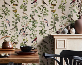 Botanical Wallpaper with Vintage Illustrated Birds in Green and Red - E435