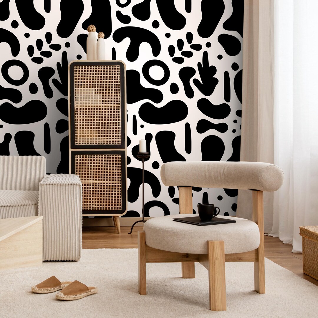 Abstract Wallpaper in Black and White on White - Peel and Stick - B565 ...