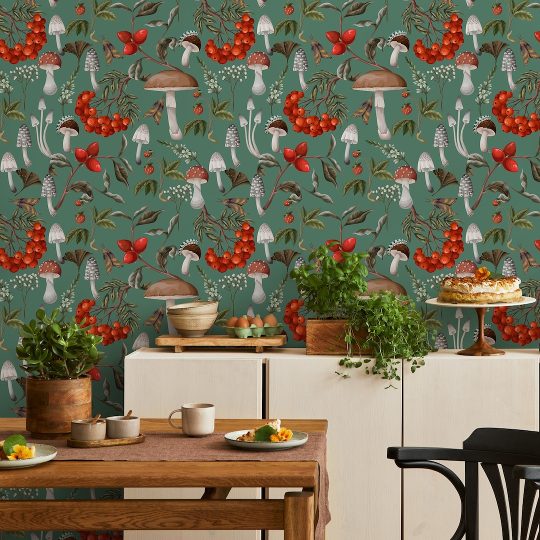Floral Mushroom Wallpaper Botanical Wallpaper Peel and Stick and ...