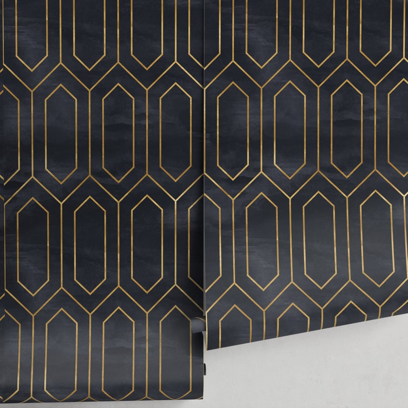 May include: Black and gold geometric wallpaper with a repeating pattern of octagons and hexagons. The wallpaper is rolled up and partially unrolled, showing the pattern.