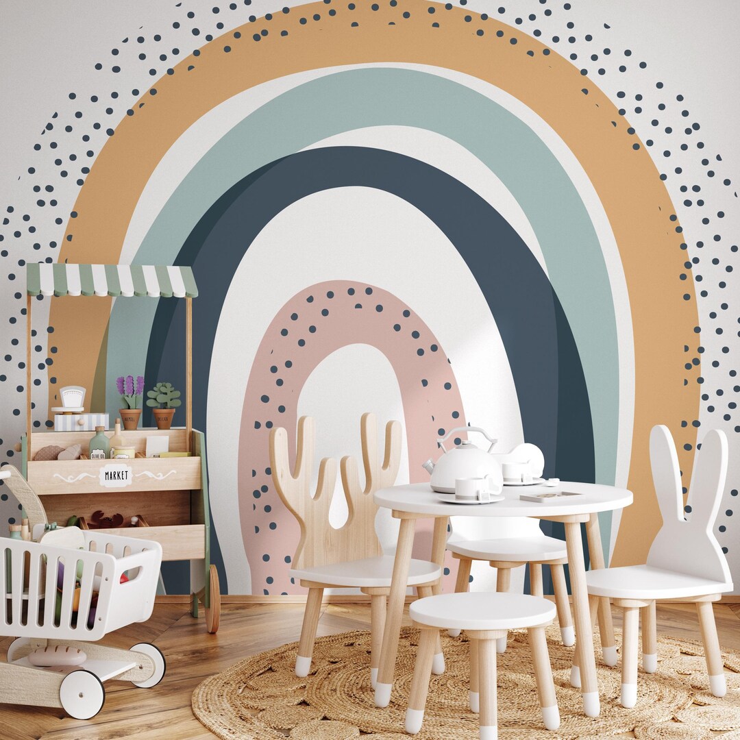 Boho Rainbow Nursery Wallpaper With Polka Dots in Earthy Tones - Peel ...