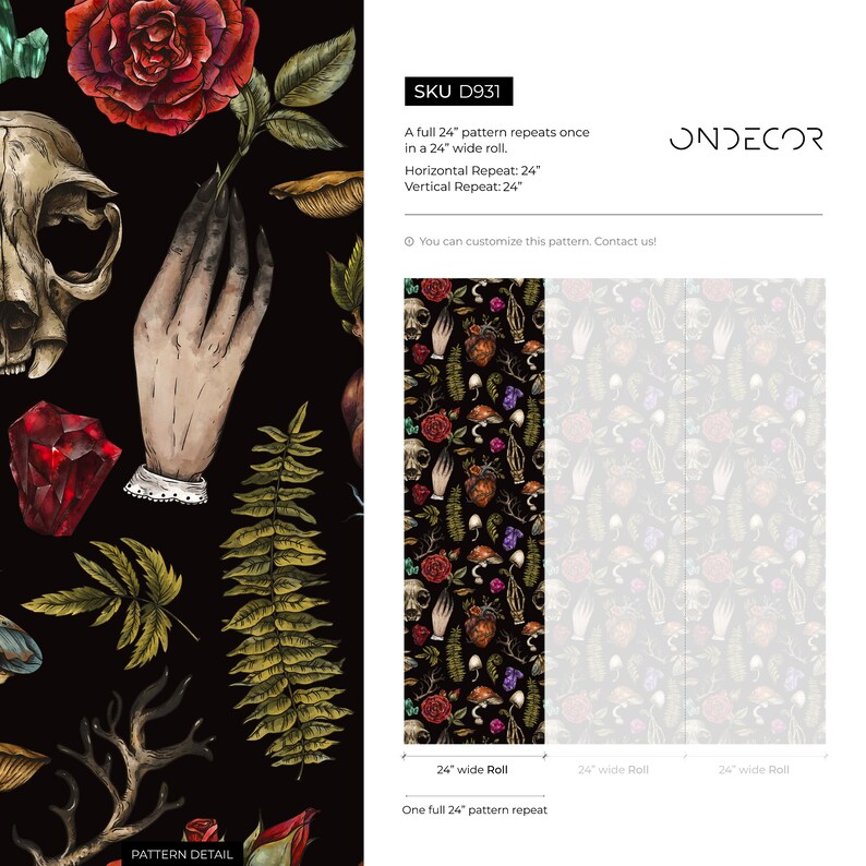 May include: A seamless pattern featuring a skull, a hand, a heart, roses, mushrooms, and ferns on a black background. The pattern repeats every 24 inches. SKU D931. ONDECOR.