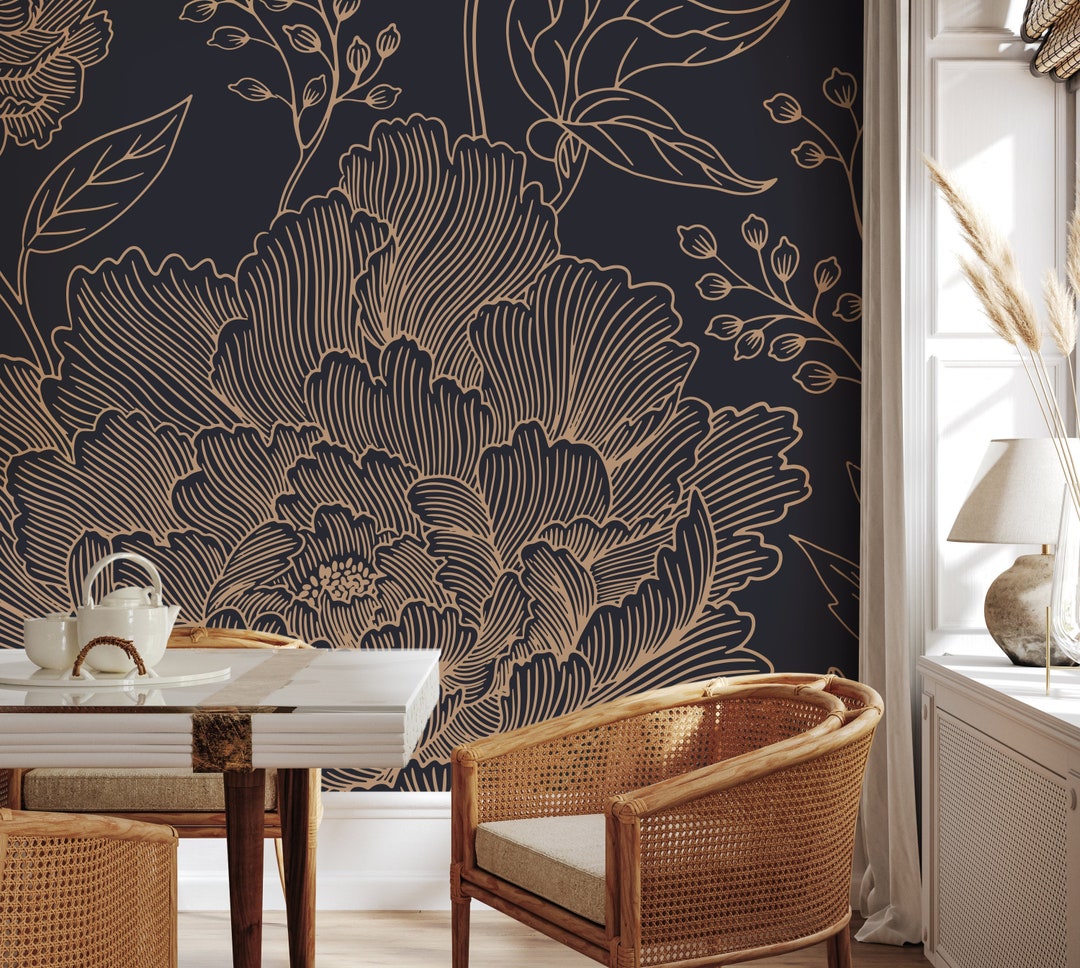 Black and Gold Large Floral Wallpaper / Peel and Stick Wallpaper
