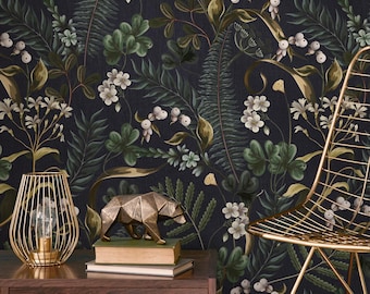 Dark Botanical Peel and Stick Wallpaper - Moody Woodland Ferns and Flowers, Dark Blue and Green - E573