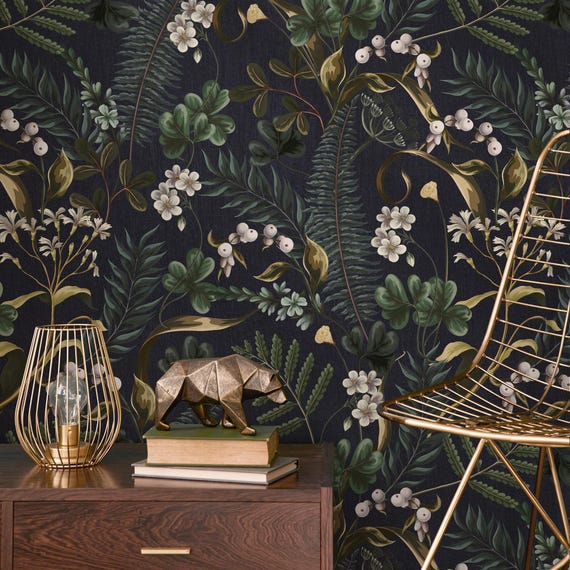 Dark Botanical Peel and Stick Wallpaper - Moody Woodland Ferns and Flowers, Dark Blue and Green - E573