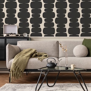 Abstract wallpaper with dark grey shapes, removable wall decal with retro style, cream background, peel and stick - ZAFC