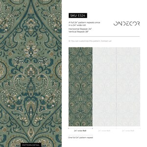 Damask Wallpaper with an Intricate Floral Motif in Green, Teal, and Beige - E524 image 6