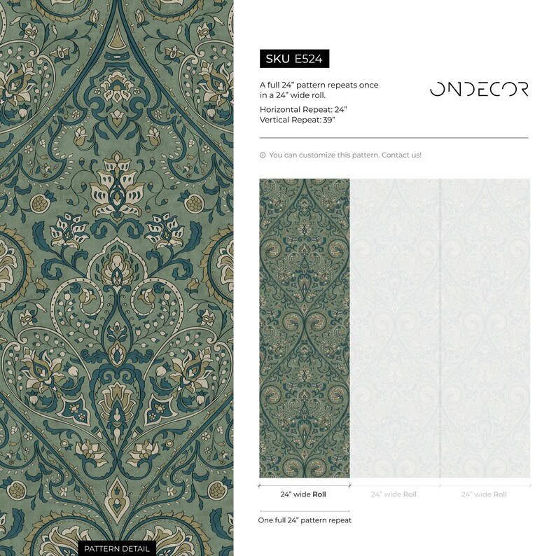 Damask Wallpaper with an Intricate Floral Motif in Green, Teal, and Beige - E524 image 6