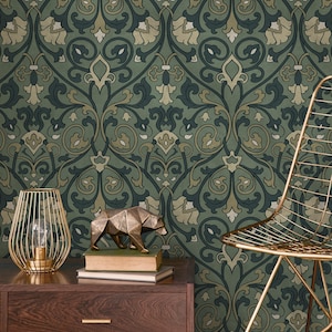 May include: A decorative interior scene featuring a dark wooden dresser with a gold wire lamp and a geometric bear sculpture. The background is a green and blue floral wallpaper, and a gold chair is on the right.