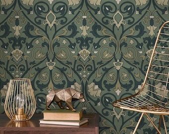 Damask Wallpaper with an Intricate Floral Motif in Sage Green, Dark Green, and Beige - E515
