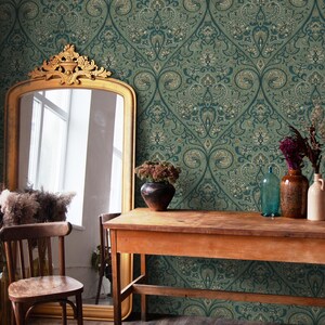 Damask Wallpaper with an Intricate Floral Motif in Green, Teal, and Beige - E524 image 4