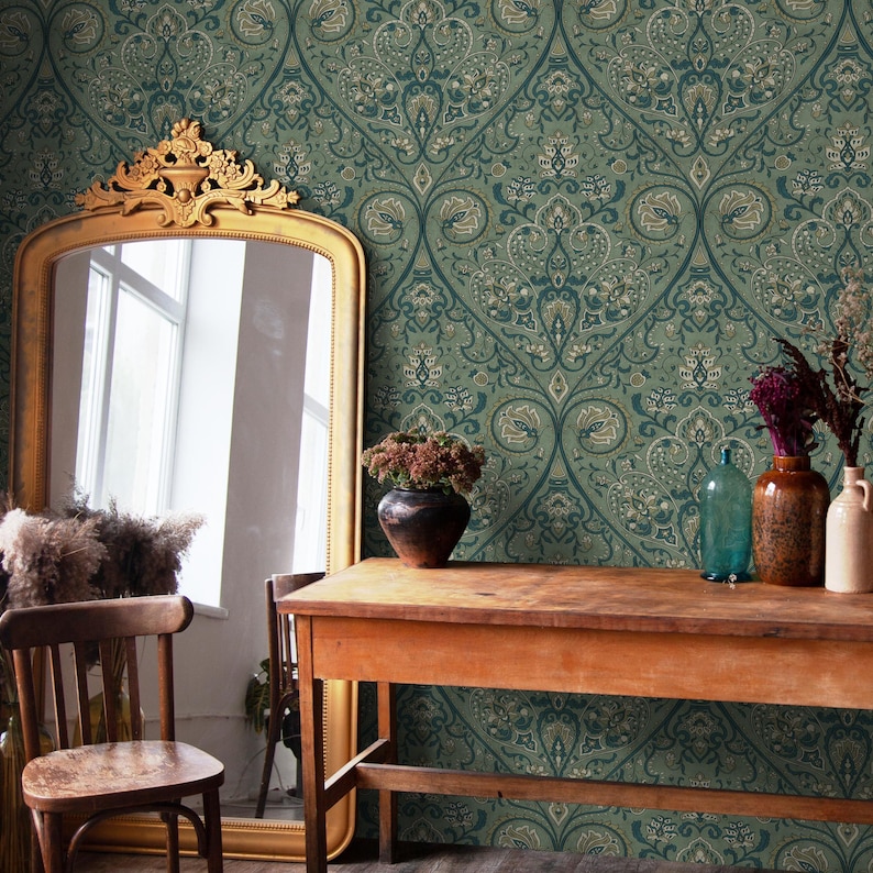 Damask Wallpaper with an Intricate Floral Motif in Green, Teal, and Beige - E524 image 4