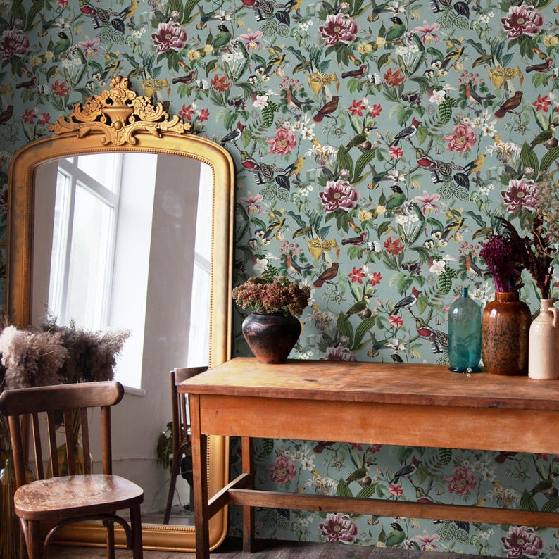 Chinoiserie Bird and Botanical Wallpaper on Sage Green - Peel and Stick ...