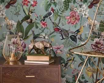 Chinoiserie Bird and Botanical Wallpaper on Sage Green - Peel and Stick - E119