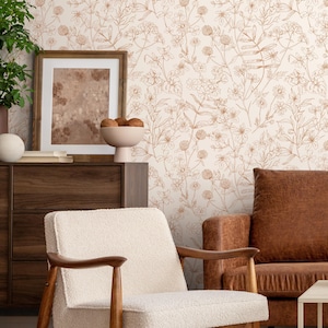 Neutral Boho Wildflowers Wallpaper / Peel and Stick Wallpaper Removable Wallpaper Home Decor Wall Art Wall Decor Room Decor - D305