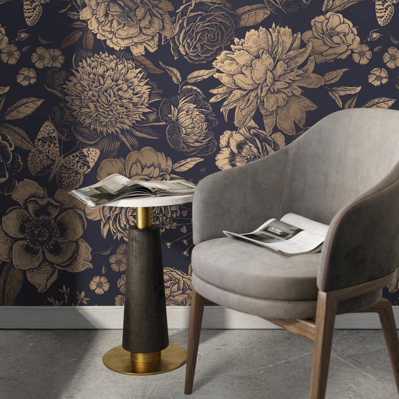 Removable Wallpaper Peel and Stick Wallpaper Wall Paper Wall Mural Vintage Flower Non-Metalic Gold Color A922 image 1