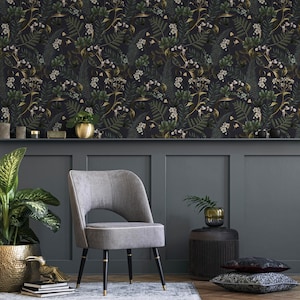 Dark Botanical Peel and Stick Wallpaper - Moody Woodland Ferns and Flowers, Dark Blue and Green - E573 image 5