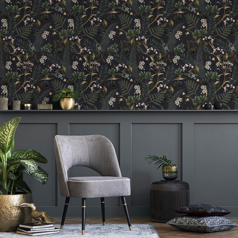 Dark Botanical Peel and Stick Wallpaper - Moody Woodland Ferns and Flowers, Dark Blue and Green - E573 image 5