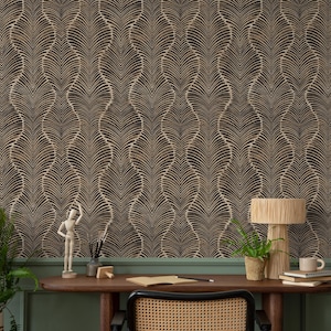 May include: A close-up of a wall with a repeating pattern of dark brown, feather-like shapes against a lighter brown background. The wall is behind a wooden desk with a lamp, plant, and other decorative items.