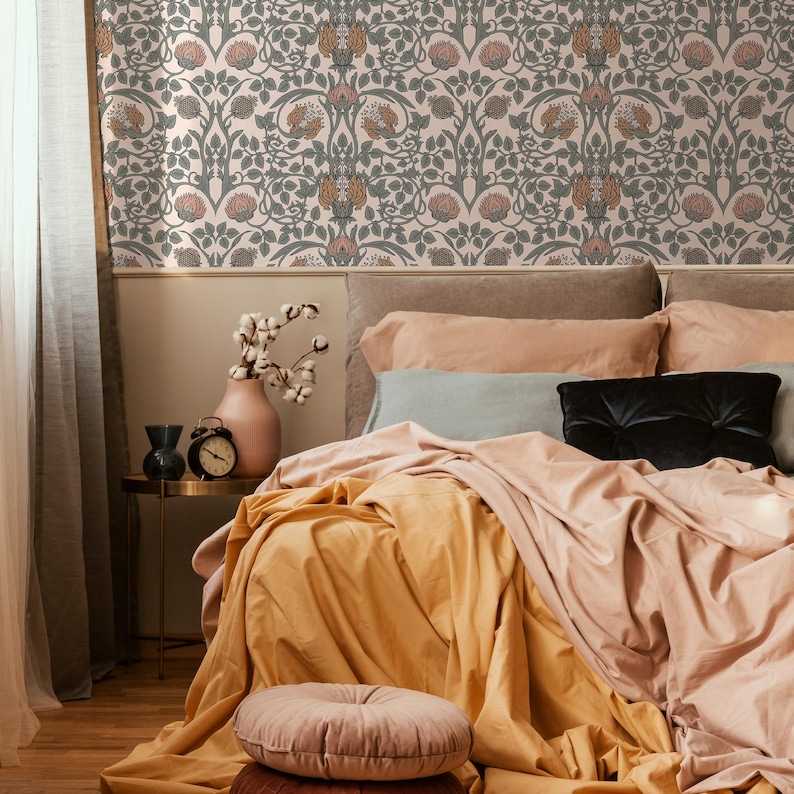 William Morris Damask Floral Wallpaper In Coral And Sage On Cream william-morris-damask-floral-wallpaper-in-coral-and-sage-on-cream
